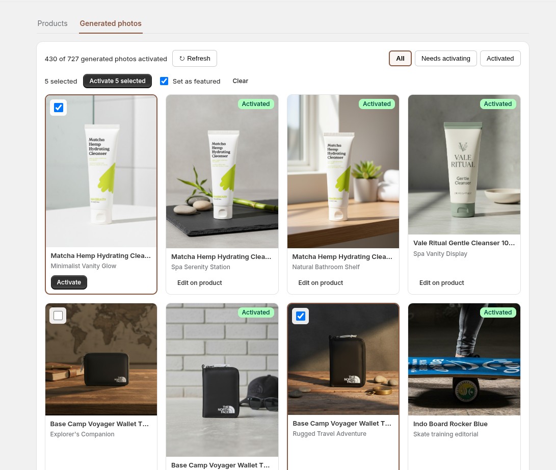 The Generated photos tab — select photos and activate (optionally set as featured) in bulk